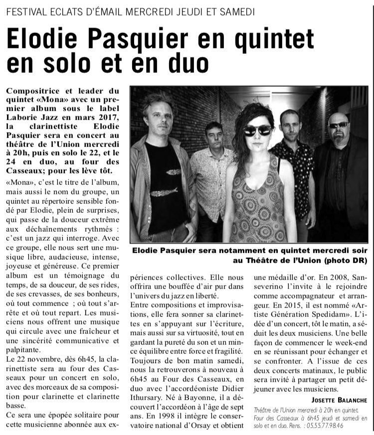 EclatsEmailJazz's tweet photo. La suite du programme pour ce Festival Eclats d’Email Jazz 2018 par les journalistes de l’Echo Haute-Vienne @EchoHauteVienne #jazzfestival #limoges #FEE2018 https://t.co/fGFccc3pUS