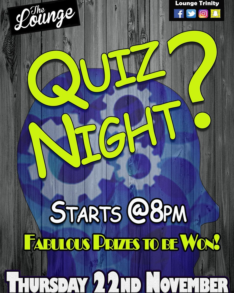 LoungeTrinity's tweet photo. Its Nearly Time to Test Your Knowledge and Win Prizes! Starts @ 8pm.
#LetsGetQuizzical #FabulousPrizes #WhoNeedsGoogle #Thanksgiving https://t.co/vaSlbjyi1a
