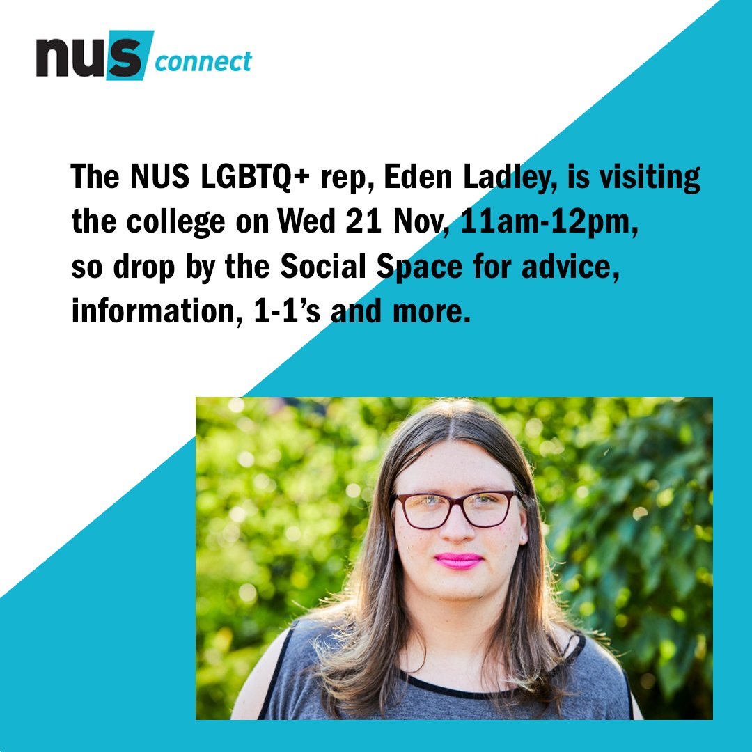 artsuniplym's tweet photo. TODAY: Drop by the Social Space from 11am-12pm and meet #NUSConnect LGBTQ+ representative Eden Ladley for advice, information and support. ๐ณ๏ธโ๐ https://t.co/qKLA8VAdHq
