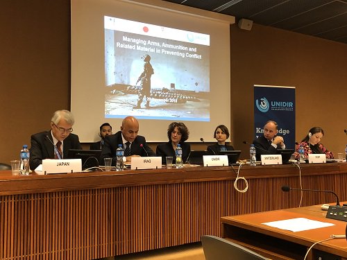 IraqinGeneva's tweet photo. DPR of @iraq_unog gave a presentation at 
@UNIDIR side event “managing arms, ammunition and Related material to prevent Conflicts” reviewed Iraq's challenges regarding to clearance of IEDs and its impact on the return of IDPs https://t.co/Vw897zjzmu