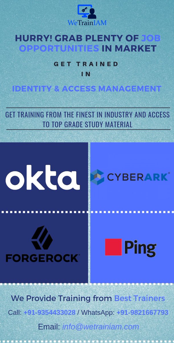 WeTrainIAM's tweet photo. Hurry!! Only Limited Number of Batches
Register at https://t.co/0fuXgOHi5A
#AccessManagement #IAM #InfoSec #InformationSecurity #WeTrainIAM #IDM #informationtechnology #IT #Training #Job #cyberark #ping #forgerock #okta https://t.co/j0lZLb4UKa