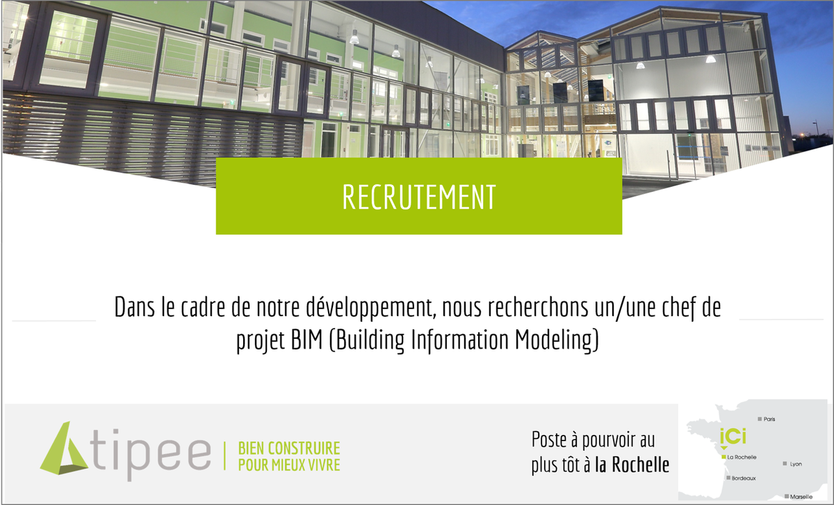 TIPEE_plateform's tweet photo. [Tipee #recrute ] Vous pensez avoir le profil pour devenir chef de projet #BIM ? contactez nous au plus vite ! 
Consultez l'offre > https://t.co/yIu0WSVA7c
Sinon, vous pouvez aussi partager l'offre autour de vous 😉
#recrutement #Emploi #larochelle https://t.co/qfjooMwIFF