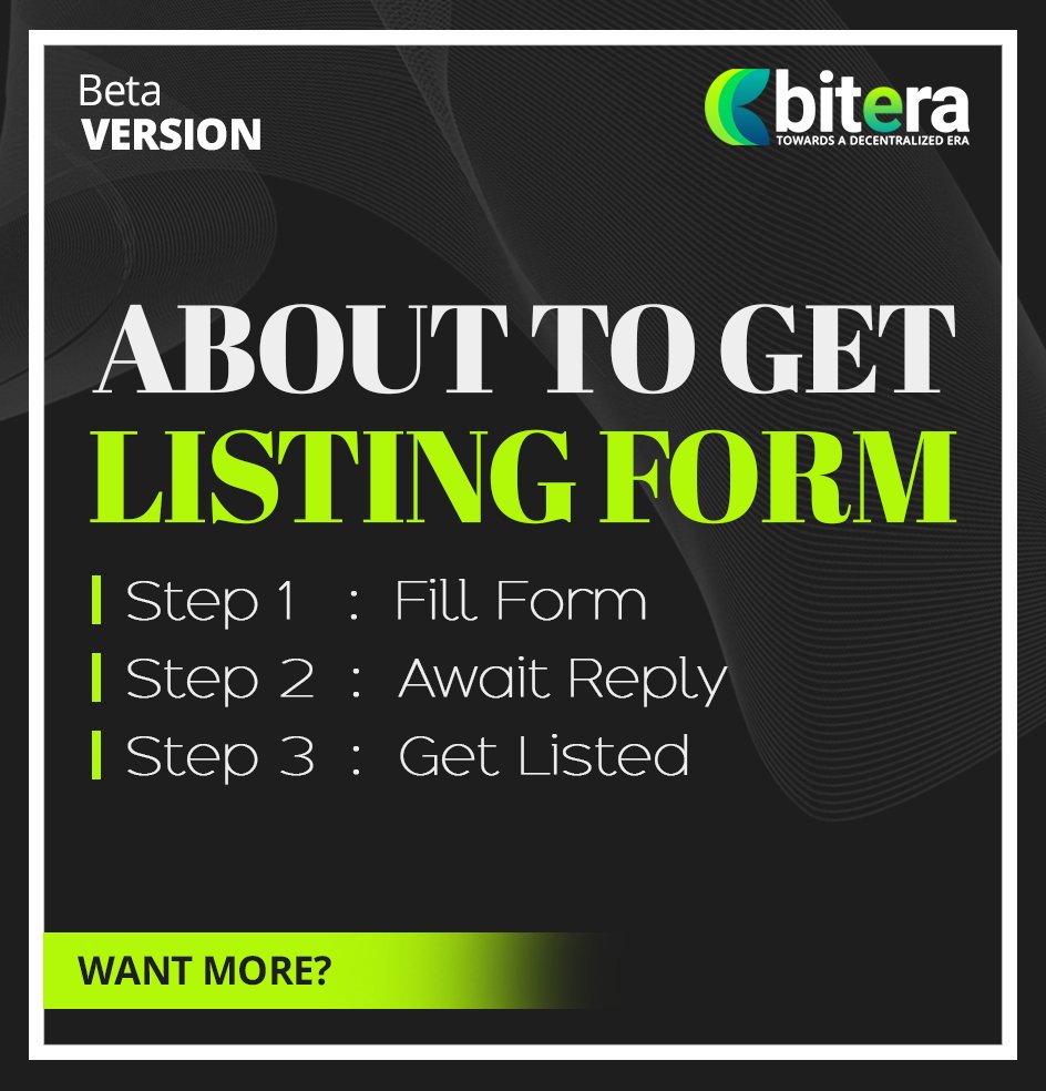 bitera_exchange's tweet photo. About to get #listing form
We are open to listings! 
Scrutinity is the thumb #rule. Can your coin pass our tests? If uncompromised #security and error-free functionality is what you're looking for, Bitera's listing form is on your way. 
➡️➡️ https://t.co/MDjDO20Pvr https://t.co/TRpVrK9mrm