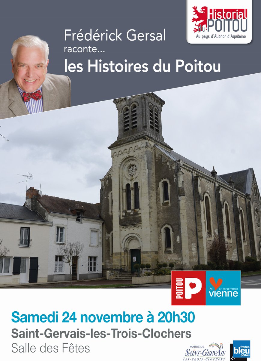 HistorialPoitou's tweet photo. 🛎️La dernière représentation de la conférence "Frédérick Gersal raconte les Histoires du Poitou" c'est samedi 24 novembre à 20h30 à Saint-Gervais-les-Trois-Clochers ! https://t.co/2zYpt0tXJQ