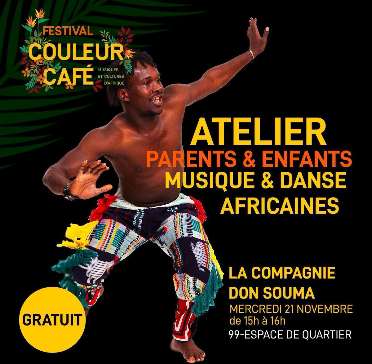 CouleurCafe_ch's tweet photo. FESTIVAL OFF | ATELIER DANSE &amp; MUSIQUE AFRICAINES 💃🕺🥁🎶

👨‍👩‍👧‍👦 Atelier participatif de danse africaine pour les parents et les enfants. 

📆 Mercredi 21 novembre
🕒 dès 15h
📍 Lieu: Le 99-Espace de quartier - Rue de Lyon 99, 1203 Genève.
🔸 Infos: https://t.co/xnCz8CSpG0 https://t.co/Hegm58Iw88