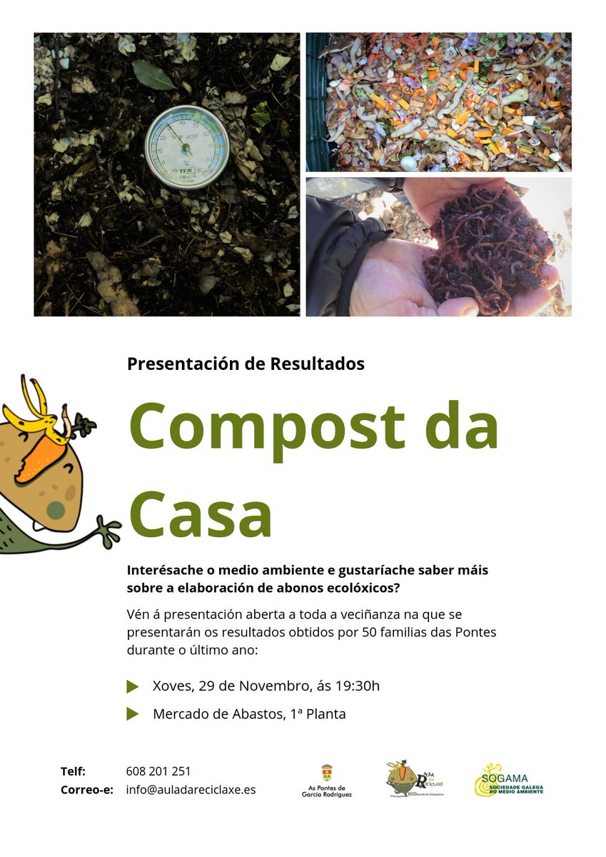 Interésache o medio ambiente e gustaríache saber máis sobre abonos ecolóxicos? 
➡️Vén á presentación aberta na que se presentarán os resultados obtidos por 50 familias de <a href="/AsPontes/">AsPontes</a> durante o último ano.
📅 Xoves, 29 de novembro
🕢 19:30h
📍 Mercado de Abastos, 1ª Planta
