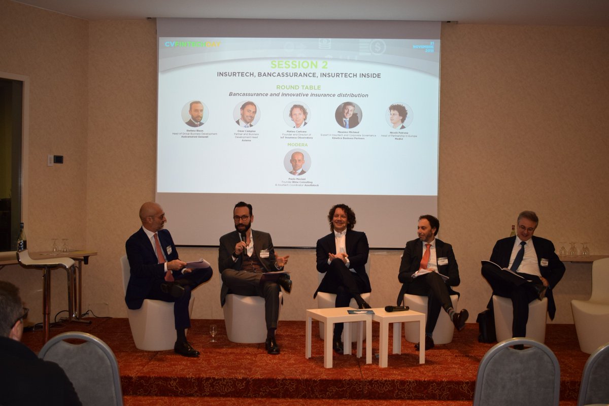 CreditVillageCV's tweet photo. #CvFintechDay gli ospiti della SESSION 2 sul palco #Bancassurance #Insurance #Innovation #InsurTech Paolo Meciani, Stefano Bison, Matteo Carbone, Omar Campise, Massimo Michaud https://t.co/8Fquc09sou