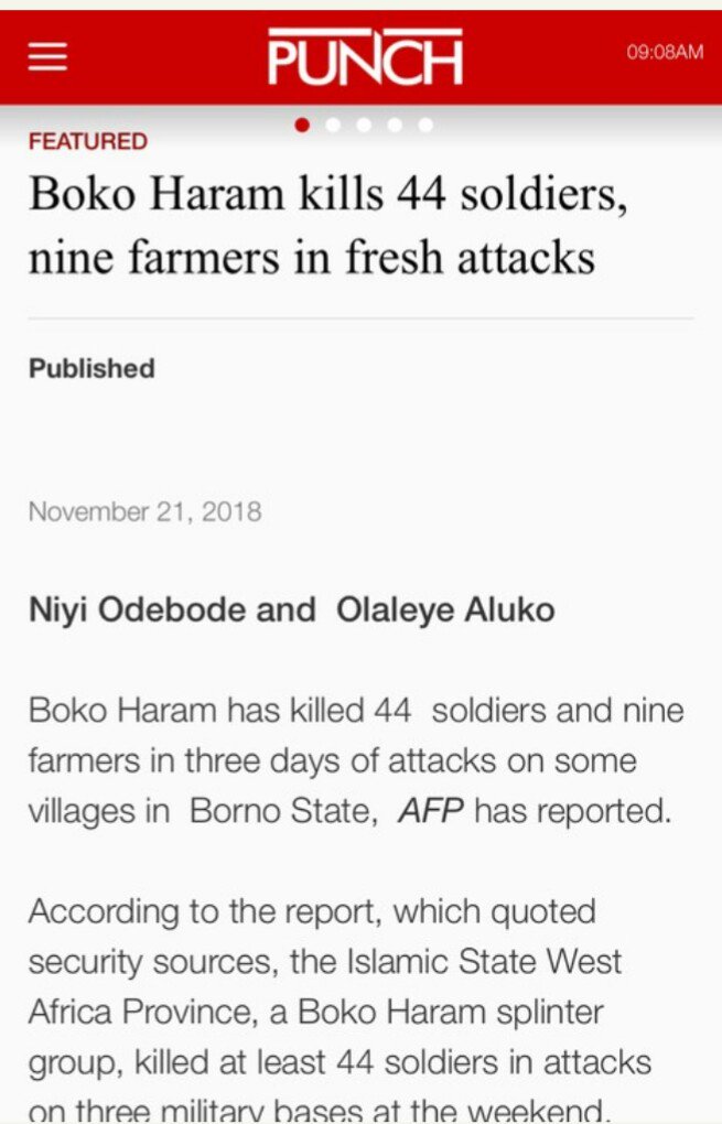 Big Chief (@iamchinedunwosu) on Twitter photo Boko Haram Kills 44 Soldiers, Nine Farmers In Fresh Attacks
It stated that out of the 44 soldiers, no fewer than 43 were killed on Sunday in Metele. As reported by <a href="/AFP/">AFP News Agency</a>
<a href="/MBuhari/">Muhammadu Buhari</a>, <a href="/OfficialAPCNg/">APC Nigeria</a>, <a href="/fkeyamo/">Festus Keyamo, SAN, CON, FCIArb (UK)</a>, <a href="/NGRPresident/">Presidency Nigeria</a> please tell Nigerians what happened to billions of dollars? Boko Haram Kills 44 Soldiers, Nine Farmers In Fresh Attacks
It stated that out of the 44 soldiers, no fewer than 43 were killed on Sunday in Metele. As reported by <a href="/AFP/">AFP News Agency</a>
<a href="/MBuhari/">Muhammadu Buhari</a>, <a href="/OfficialAPCNg/">APC Nigeria</a>, <a href="/fkeyamo/">Festus Keyamo, SAN, CON, FCIArb (UK)</a>, <a href="/NGRPresident/">Presidency Nigeria</a> please tell Nigerians what happened to billions of dollars?