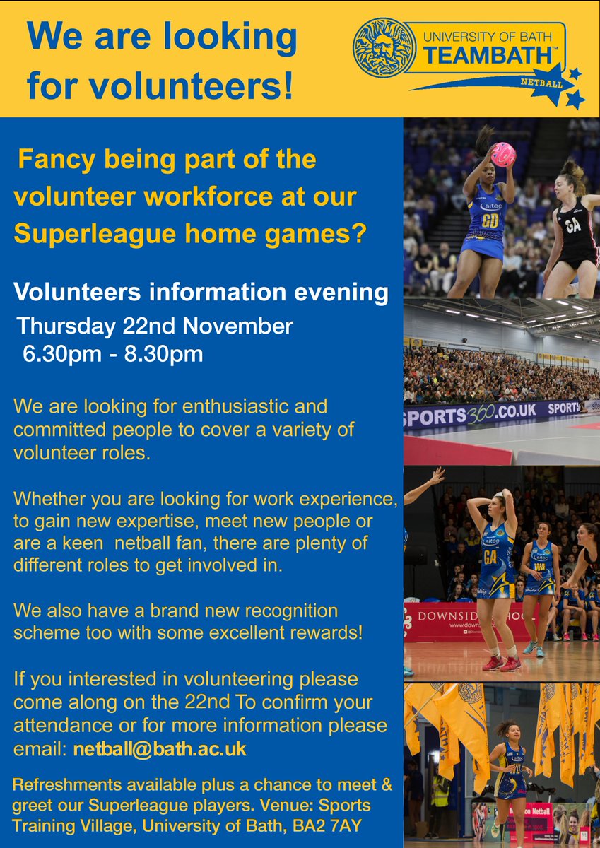 Still time to come along to our #volunteers information evening on Thursday. Meet our 2019 <a href="/TeamBathNetball/">Team Bath Netball</a> Superleague squad &amp; a behind the scenes tour of what goes on on match days!

To register your interest email netball@bath.ac.uk