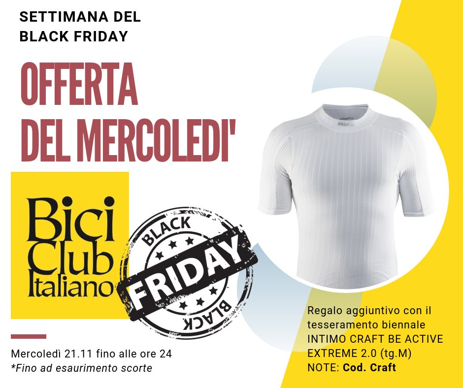 Terzo giorno della settimana del #BlackFriday del #BiciClubItaliano. Da adesso e solo per oggi, con il tesseramento BIENNALE on-line, oltre ai regali del mese in REGALO un intimo #Craft Be Active #Extreme (taglia M) fino ad esaurimento scorte. BICICLUB.IT