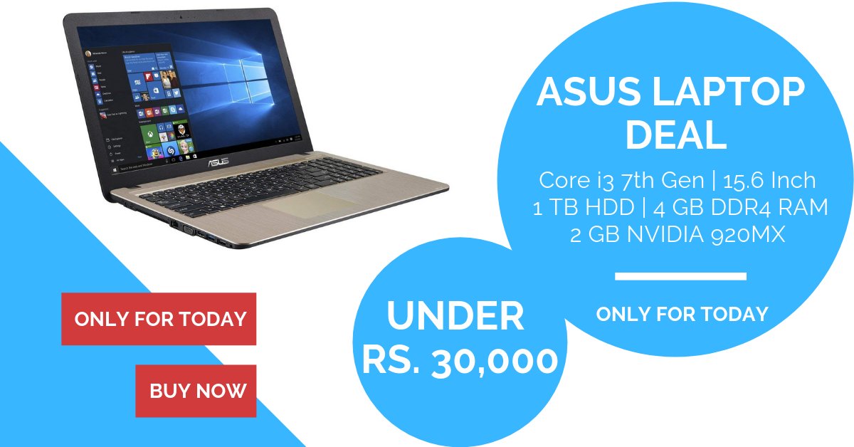 LaptopTagin's tweet photo. Looking to buy a new budget laptop?

Hurry and Grab this Asus Laptop deal
BUY NOW - https://t.co/1LHfvdm04h

- Intel Core i3 7th Gen
- 1 TB
- 4GB DDR4 
- 2 GB Nvidia 920MX 

Available for Just Rs, 30,000, valid for today.

#DealoftheDay #Laptoptag #DealsIndia #LaptopDealsIndia https://t.co/e9cRjllsMT