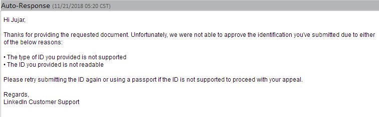 jujar_c's tweet photo. @LinkedInHelp Please look into below matter ASAP. It is my primary account &amp; its been restricted. Already submitted the ID once. My Email associated with account is jujar.c@weblineglobal.com. @LinkedIn https://t.co/F9fSOQ7jeY