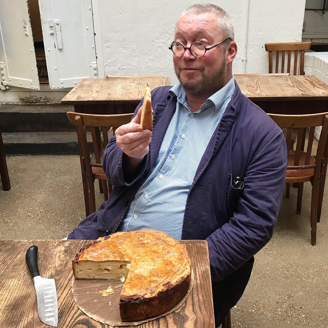 Presenting Fergus with a beautiful new pie to try for our Neal’s Yard Bakery: Potato and Wigmore Pie. Our bakers glow with pleasure as they see his twinkle of approval. We’ll let you know when it arrives on the counter... and thence in little brown paper bags for your lunch.