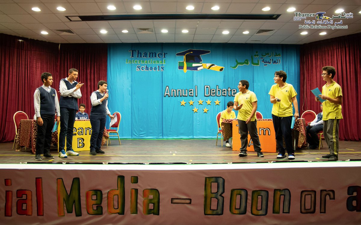 thamerschools's tweet photo. Middle School (Boys) - Debate (Academic Year 2018-2019)
Debate topic: SOCIAL MEDIA – A BOON OR A BANE.
Teams: Students of Grade 7 and Grade 8.
#thamer_international_schools
#مدارس_ثامر_العالمية
#debate
#حوار
#middle_school https://t.co/xlmgKo8UhS