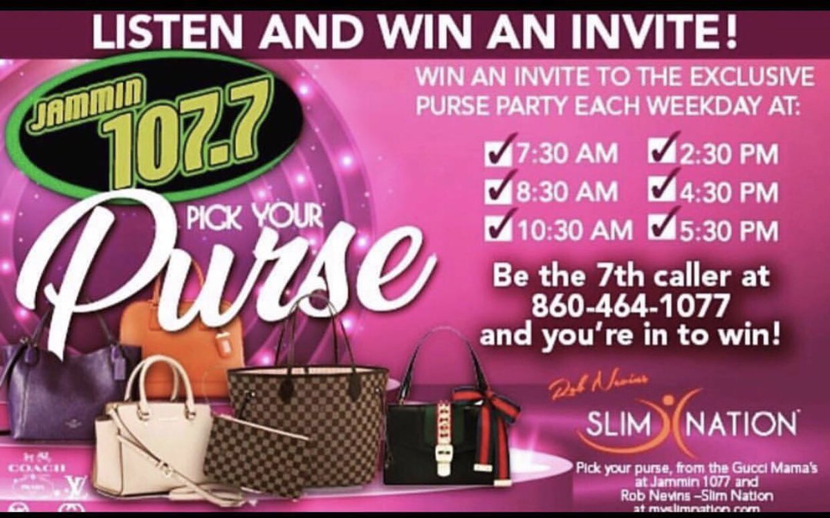 PURSE PARTY!! 👜 👛 🎉 
GET YOUR INVITE TO THE PURSE PARTY  with the <a href="/jammin1077/">jammin1077</a> Crew  invites at 7:30, 8:30, 10:30, 2:30, 4:30, &amp; 5:30! Pebbles and Joe Maulucci want you to be INVITED TO OUR PURSE PARTY! $25,000 of expensive designer purses! Listen every weekday for an invite