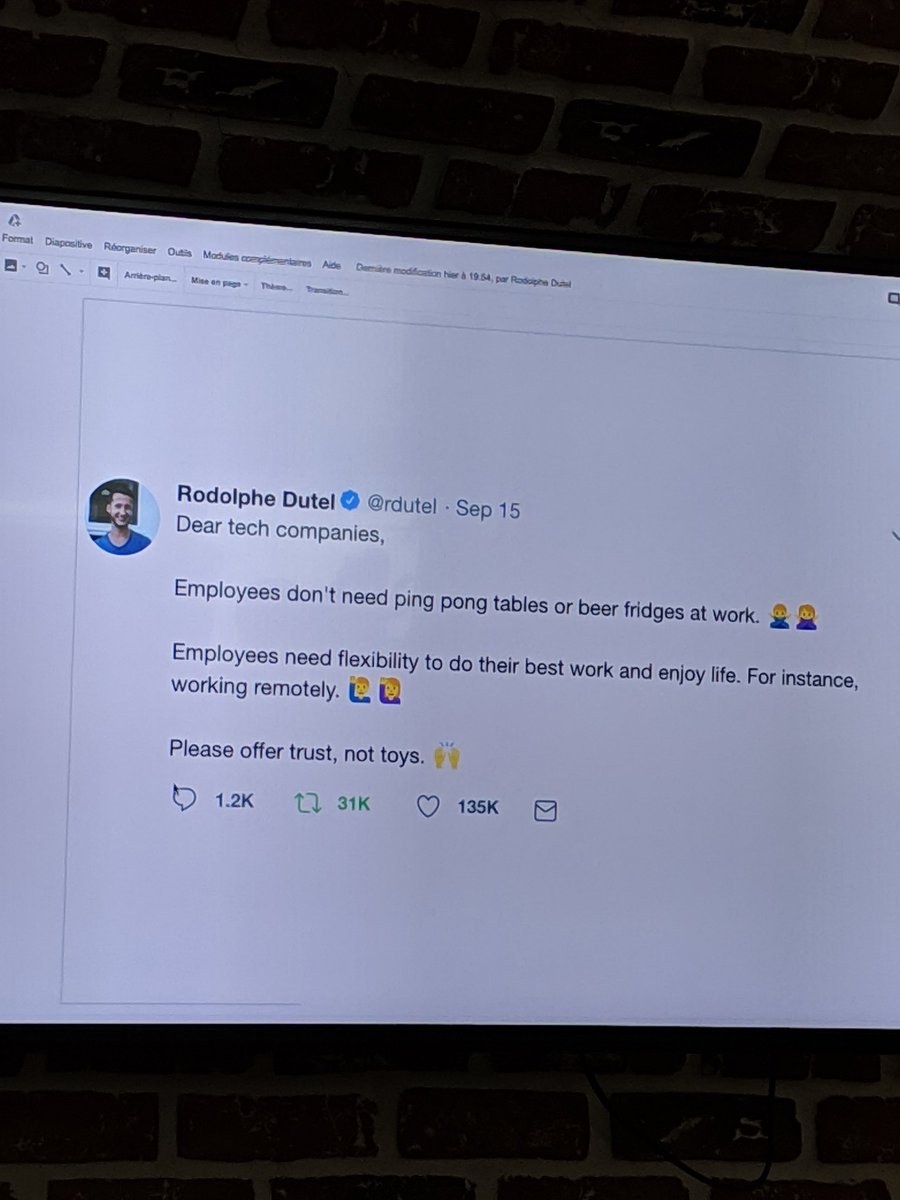 Nice talk about remote working from <a href="/rdutel/">Rodolphe Dutel</a> at <a href="/algolia/">Algolia</a> 's office #techlunch