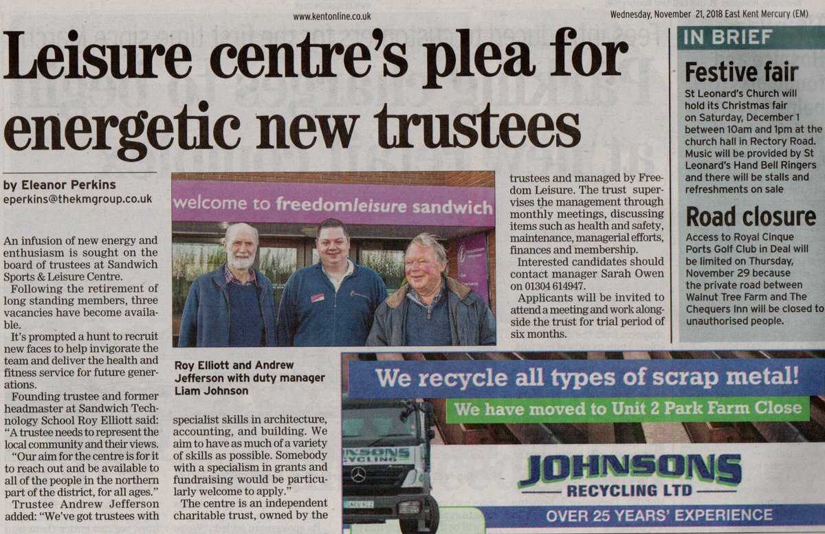 Good article in this week's East Kent Mercury highlighting our need for a few more volunteer Trustees for the Trust.

Anyone wishing to put themselves forward should email alan.noake@sandwichslct.org.uk