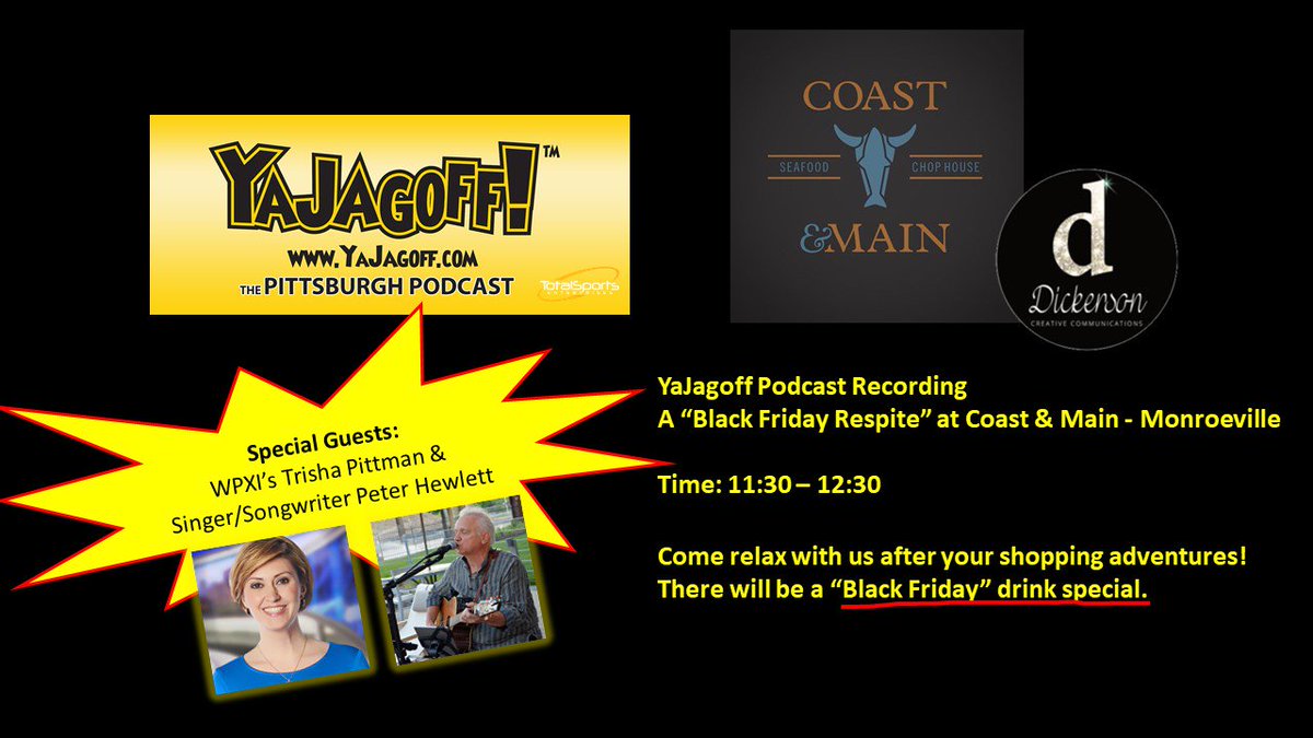 Need a mid-day break from you Black Friday shopping?  Come hang with #YajagoffPodcast and <a href="/dickersoncmx/">Dickerson Creative</a>  at Coast And Main . It's a reporter and retailer respite!

Recording the weekly episode with <a href="/WPXITraffic/">WPXI Traffic</a> and #PeteHewlett   
.
#BlackFriday #Pittsburgh