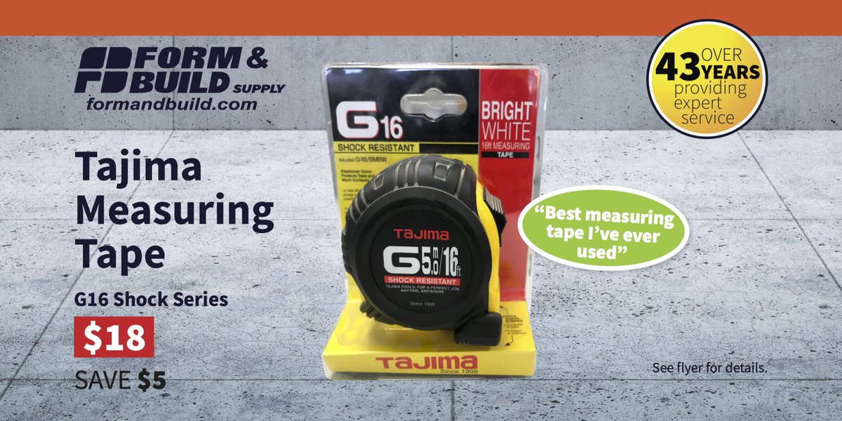 Tajima delivers what contractors want: a 1" steel blade tape measure that’s easy to read. #ConcreteProductReady #ConcreteOntario #London #Hamilton #Windsor #Kitchener #Mississauga #WhatGreatCustomerServiceLooksLike! Visit formandbuild.com or see you @ 1 of 5 Branches