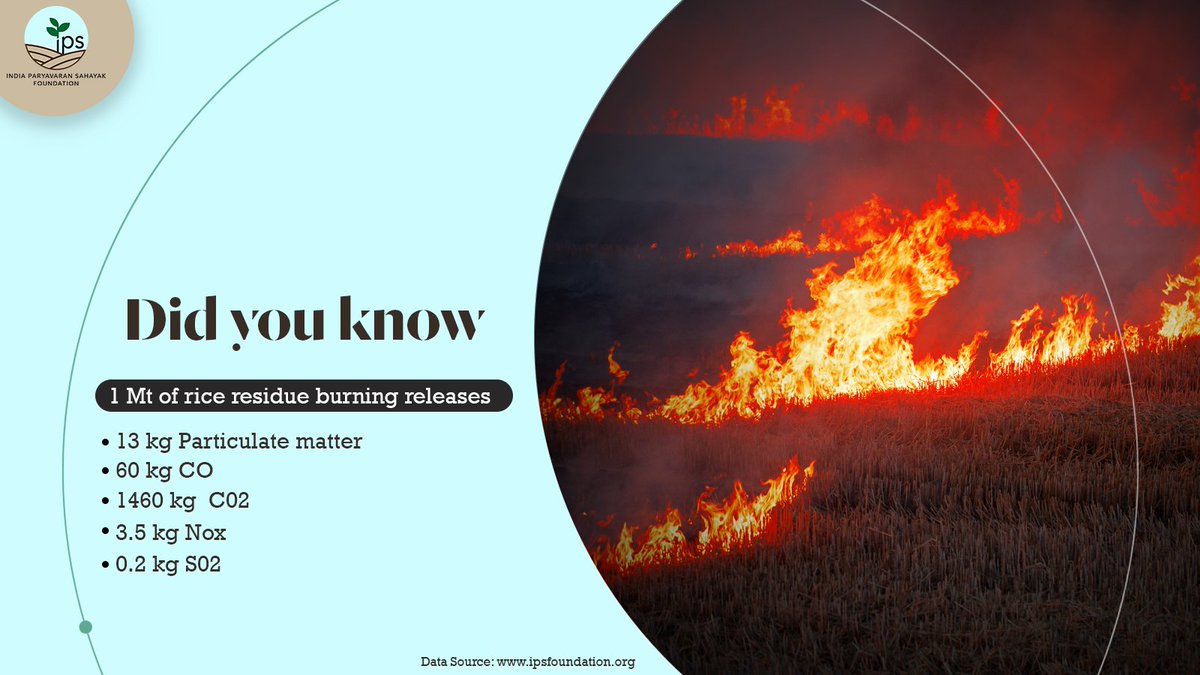 IPS_Foundation's tweet photo. #DidYouKnow the effects of #StubbleBurning are way worse than we think! If 1 Mt of rice residue produces releases so toxic, every year North Western states produce about 34 Million Metric Tons of rice residue!
#StopStubbleBurning #IPSFoundation #ActNow https://t.co/yrUyxaFtCH