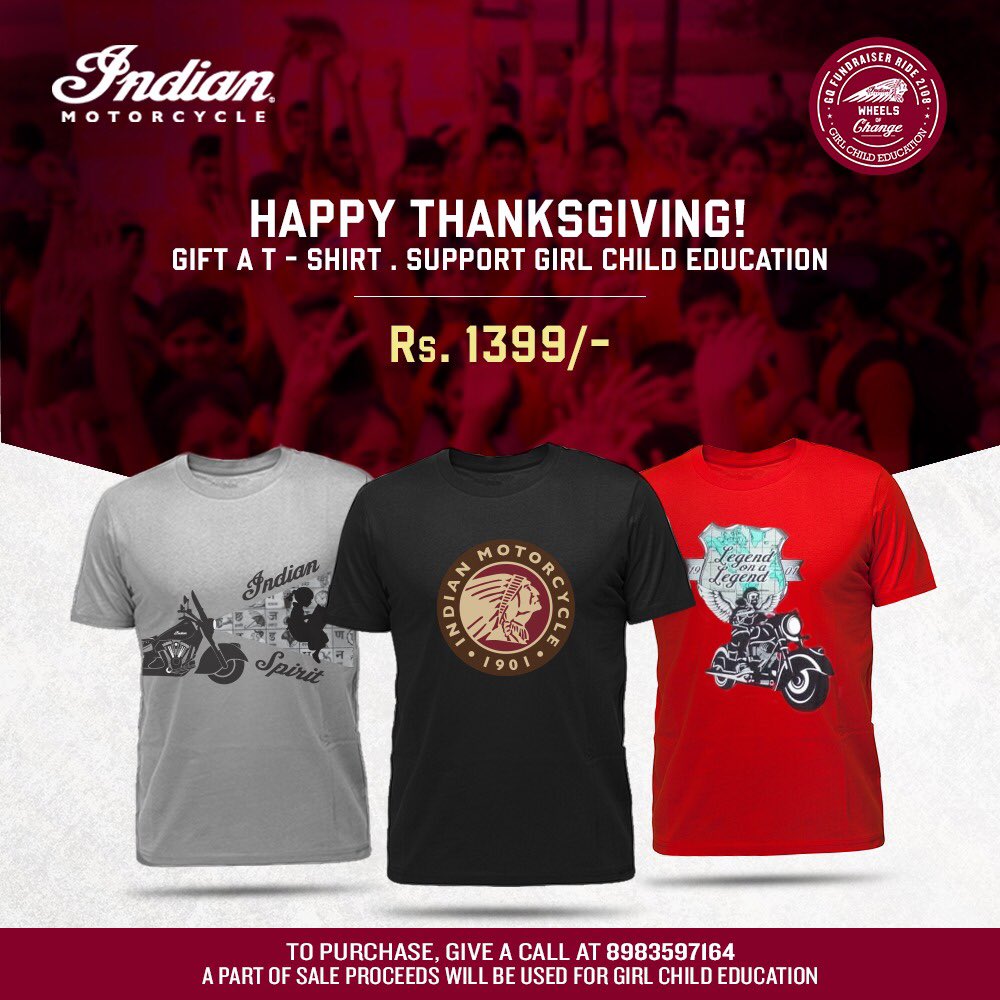 IndianMotorIND's tweet image. Celebrate the true spirit of Thanksgiving; gift your family and friends these T-shirts. Available at only Rs 1399, your contribution will help spread smiles on the faces of countless girls.                                        #wheelsofchange #indianmotorcycleindia #tshirts