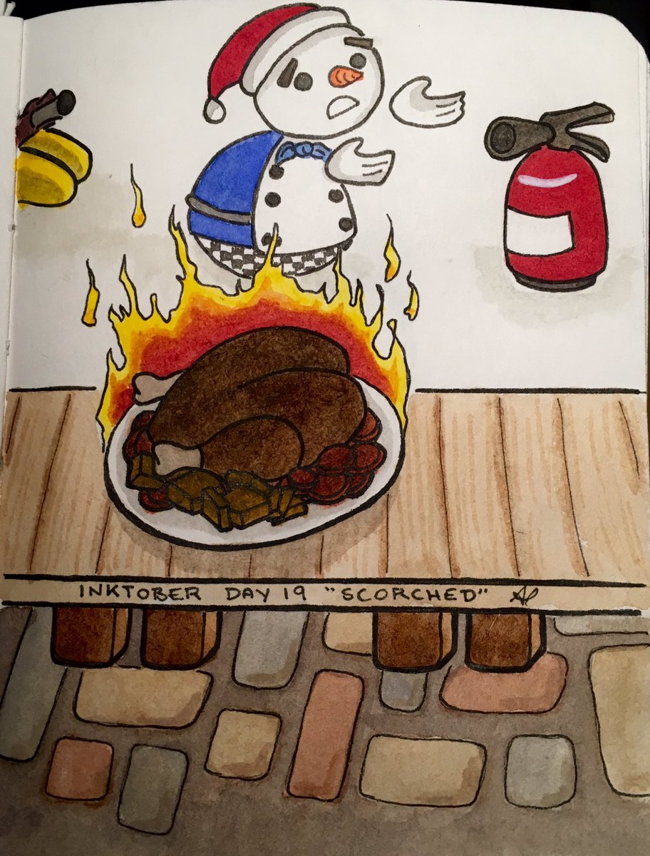 Gumption_Girl's tweet photo. Inktober 2018 Day 19 "Scorched"

This is the risk of cooking with flamethrowers 

#inktober #inktober2018 #InktoberDay19 #scorched #watercolours #overcooked #flamethrowers #turkey #snowman #team17 #ghosttowngames https://t.co/1dAjY9w2jU
