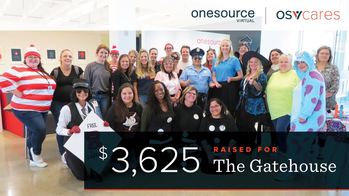 OneSourceV's tweet photo. OneSource Virtual used Halloween to not only party, but give to a local charity. We were able to raise over $3,600 for The Gatehouse, a living community where women in crisis receive safe refuge to discover new paths for, positive change. #OSVCulture https://t.co/oL78DaOnbr