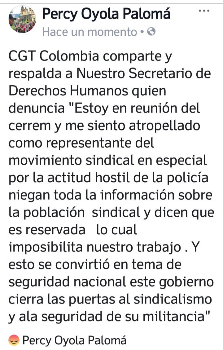 PercyOyola_CGT's tweet photo. @UNPColombia @CGTCol rechazamos maltrato @PoliciaColombia en Cerren a Secretarío derechos Humanos @MintrabajoCol @OITAmericas @infopresidencia @UTRADECC  exigimos garantías para la vida y acciones de líderes sindicales y luchadores sociales. https://t.co/cTkuyRXCsi