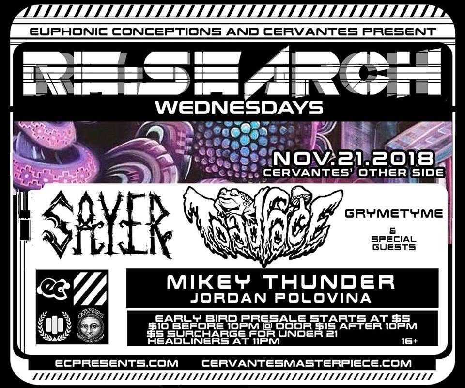 CervantesDenver's tweet image. TONIGHT!
@ECpresents #ReSearchWednesdays ft #Toadface and @sayerbass with @grymetymemusic, @mikeythunder101 and @JordanPolovina at Cervantes Other Side. See you there!
Doors: 8:00 PM / Show: 8:30 PM
Tickets: ticketf.ly/2NpM832
Supported by @303MHSM &amp;amp; @PartyGuruDenver
