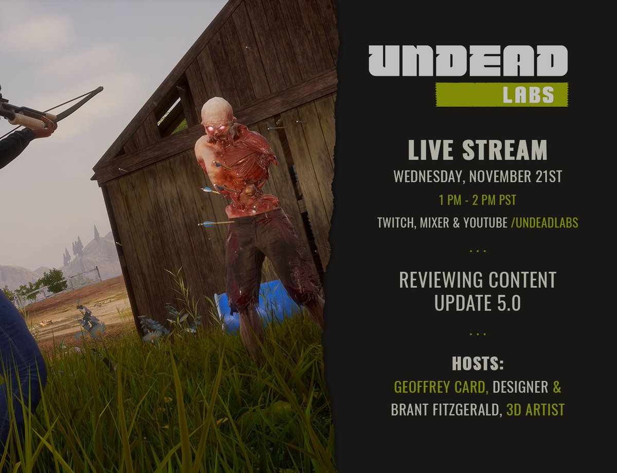 undeadlabs's tweet photo. Don't miss today's live stream were we will be reviewing everything that went into patch 5.0!
#Twitch: https://t.co/TxosEkAjQD
#Mixer: https://t.co/hvGp0Ic7ZX
#YouTube: https://t.co/wD0Hj8OOUZ
#stateofdecay2 #undeadlabs #zedhunterupdate https://t.co/q3e8n1tVhp