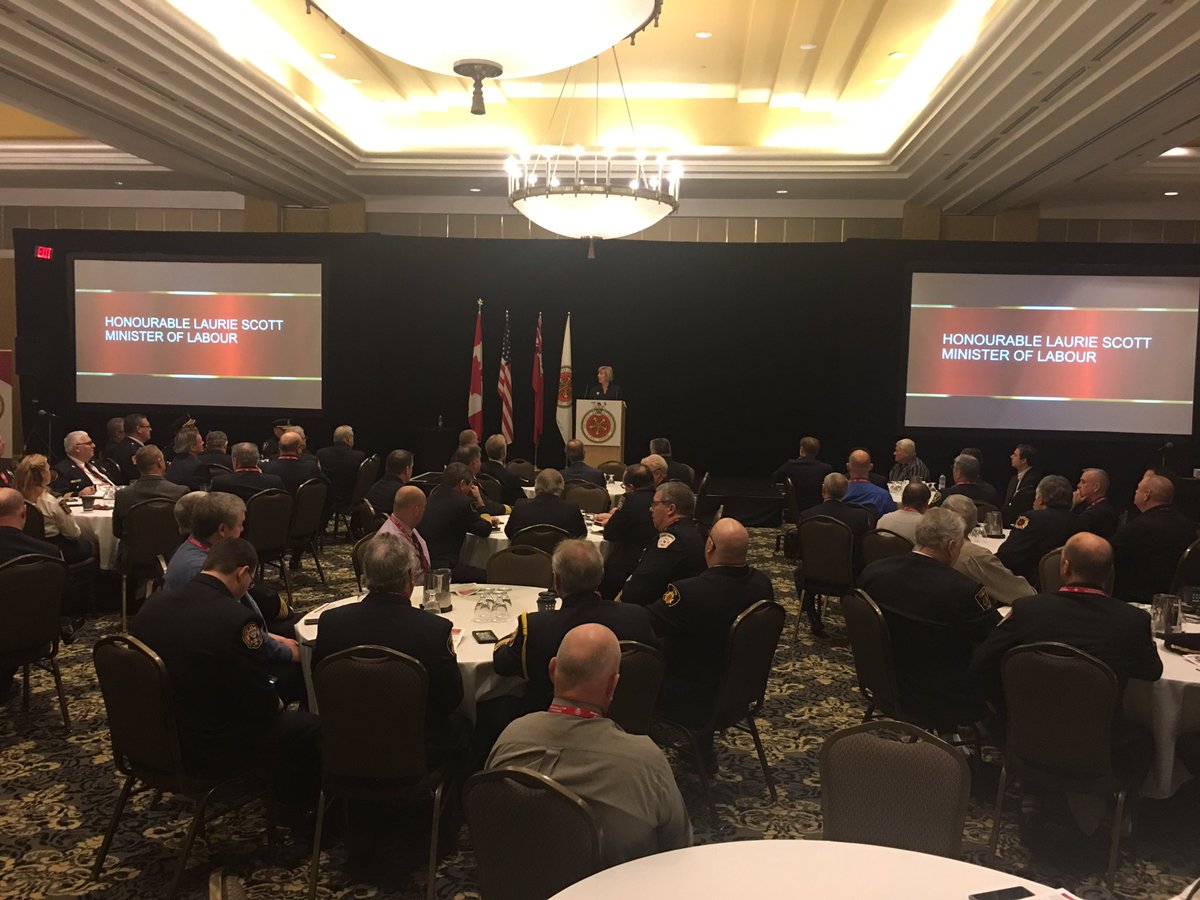 We are pleased to have <a href="/lauriescottPC/">Laurie Scott</a> address 200 fire service leaders this morning at the #OAFCAGM18 speaking about recent legislation introduced for fire service labour reforms. Big win on double-hatters and interest arbitration.  Great leadership from the province! #OAFCAGM18