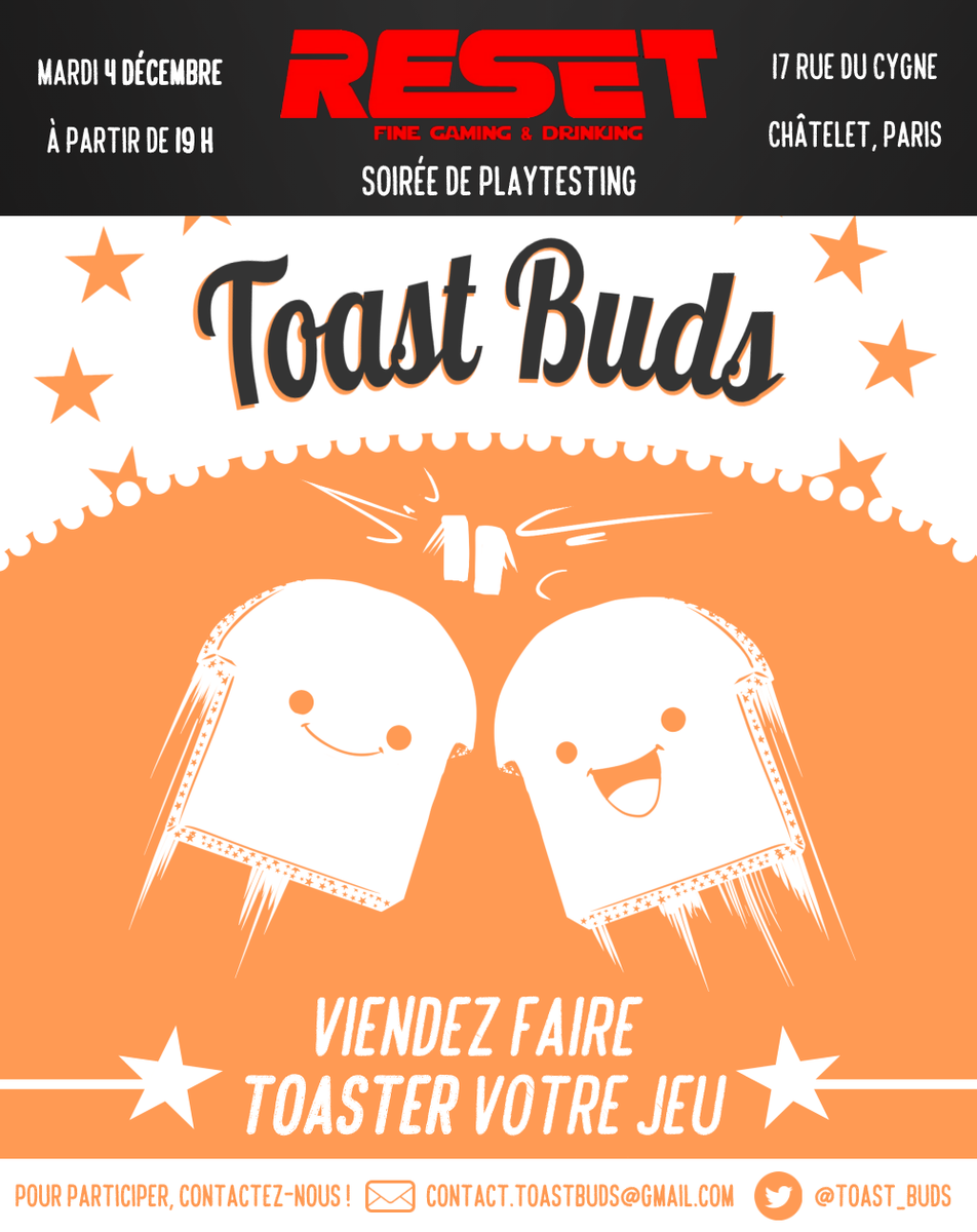 Toast_Buds's tweet photo. On organise une soirée de Playtesting mardi 4 décembre à 19h au Reset Bar ! 
Amenez votre pc, votre jeu et votre talent pour finir la soirée sur du Guitar Hero 🎸

Contactez nous pour participer et parlez-en à vos amis dev ! 🍞

#indiedev #gamedev #indiegamedev #madewithunity https://t.co/YNigEgaMBQ
