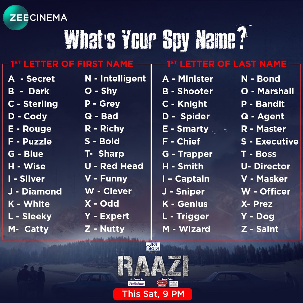 ZeeCinema on X: "Find your interesting spy name and don't forget to watch  the story of a fearless spy, Sehmat in the #ZeeCinemaPremiere of Raazi,  this Sat at 9 PM. @aliaa08 @vickykaushal09 @