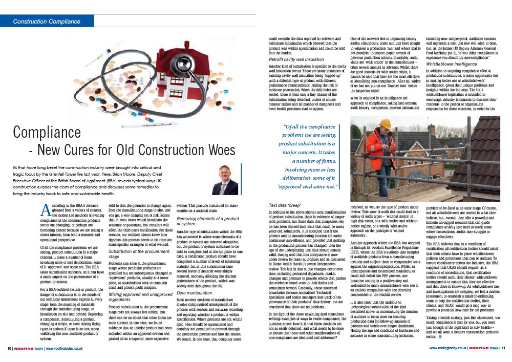RoofingToday's tweet photo. Brian Moore, Deputy Chief Executive Officer at the @BBAguru reveals common ways #construction evades the #costs of #compliance and discusses ways to bring the industry back to #sustainable health. https://t.co/jnjqB9yLxu #RTNovemberEd #pg10 #Roofing https://t.co/XXqcxNyjPM