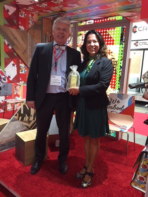 Our Application Technical Manager - Tanja BizJak-Bayer accepting a golden present from @agfagraphics - Marc Graindourze at the #InPrint2018 <a href="/InPrintItaly/">InPrint Italy</a> Visit us at stand 138 for our #UVLED curing solutions. #printing