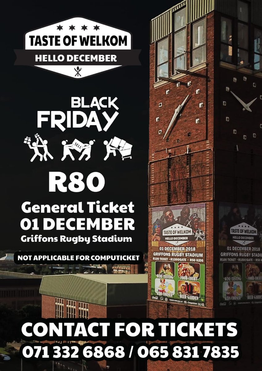 TASTEofWELKOM's tweet image. Beautiful people, a black Friday special for you guys. Whose ready for #TasteOfWelkom? 
#01December 
#GriffonsRugbyStadium