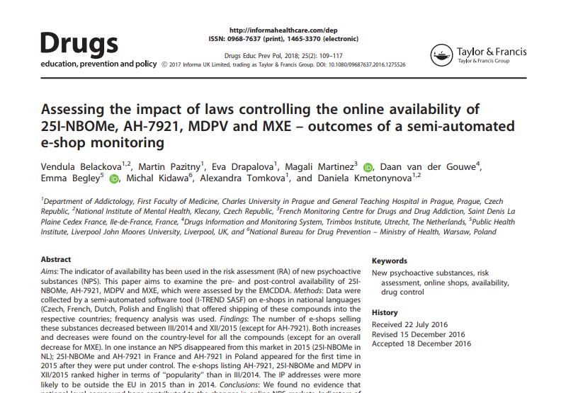 INCB_ION's tweet photo. Assessing the impact of laws controlling the online availability of 4 NPS (#25I_NBOMe, #AH_7921, #MDPV, #MXE) : Fluctuations in availability and accessibility of the e-shops with #NPS in this research did not seem to be linked to national-level bans. https://t.co/MpA3Euie41 https://t.co/iiMih4Ko7u