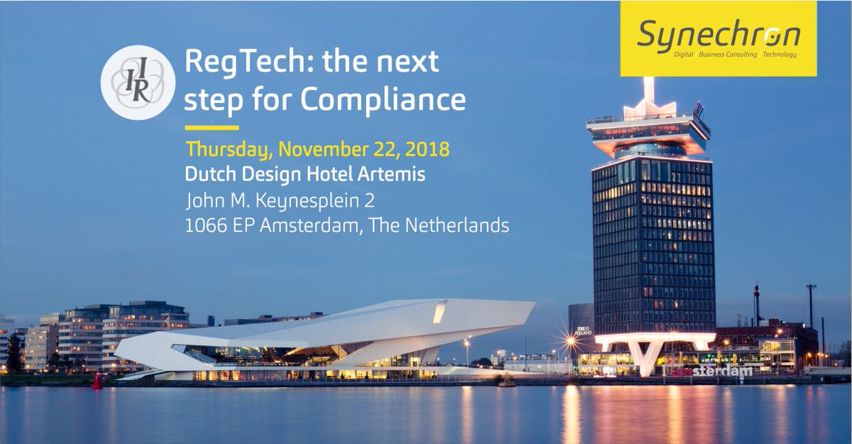 Come meet us <a href="/IIR_Finance/">IIR Finance events</a> RegTech Event: the next step for Compliance, on November 22 in Amsterdam where we will show our #RegTech Accelerators which focus on solving regulatory challenges with technology. #RegTech #FinServ #Compliance bit.ly/2JvYjqt