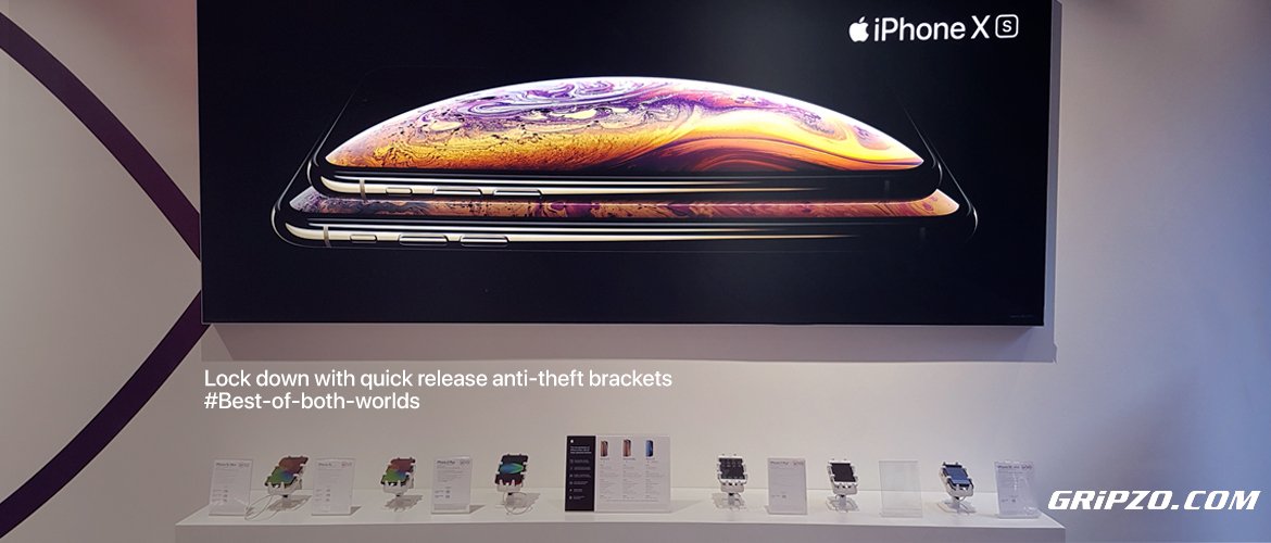 gripzo's tweet photo. VirginMedia in the UK deals with store theft of expensive live handsets. Store staff thrilled as shoplifters back off #gripzo lock down with quick release https://t.co/uUoE1yl4G2