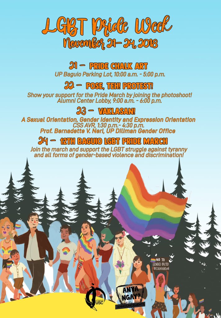 [ANYA NGAY ANNOUNCEMENT]

In support of this year's 12th Baguio LGBT Pride March, the UP Baguio University Student Council is inviting you to be part of the Pride Week 2018!

#ThisIsPride