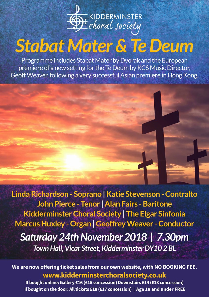 Not long now until our #EuropeanPremiere of our MD Geoff Weaver's lovely #TeDeum, in a concert that also includes #Dvorak #StabatMater, with the #ElgarSinfonia and a stellar line-up of soloists. Book here: kidderminsterchoralsociety.co.uk/book-tickets/ <a href="/ksshuttle/">KidderminsterShuttle</a> <a href="/ExpressandStar/">Express & Star</a> <a href="/ChoirWFYV/">Wyre Forest Young Voices</a> @suzzievan