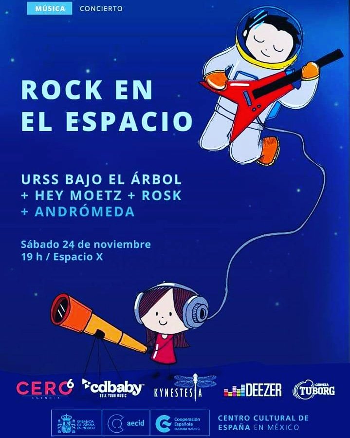 No se pueden perder éste próximo sábado en <a href="/Kynestesia/">Kynestesia</a>, el evento "Rock en el Espacio" dónde estarán bandas Independientes presentando sus proyectos, entre ellos nuestros amigos de @Andromeda_mx
¡Entrada GRATUITA! 
#SigamosHaciendoMúsica