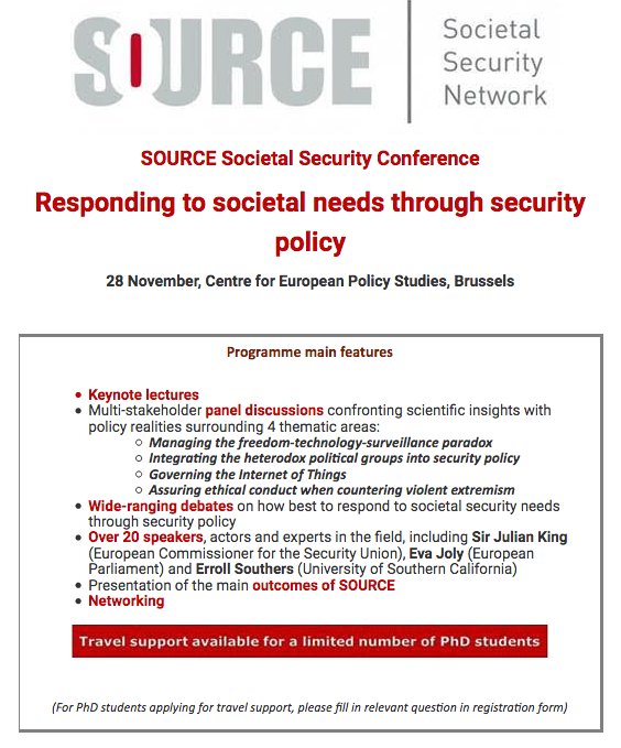 source_eu's tweet photo. 28 NOV: Register for SOURCE Final Conference at @CEPS_thinktank on "Responding to societal needs through security policy" with 20+ experts including @EvaJoly @esouthersHVE @JKingEU  https://t.co/wJdJ4ZMK1l

#SocietalSecurity #Freedom #Tech #GoverningIoT #Security https://t.co/Hej5rtryrv
