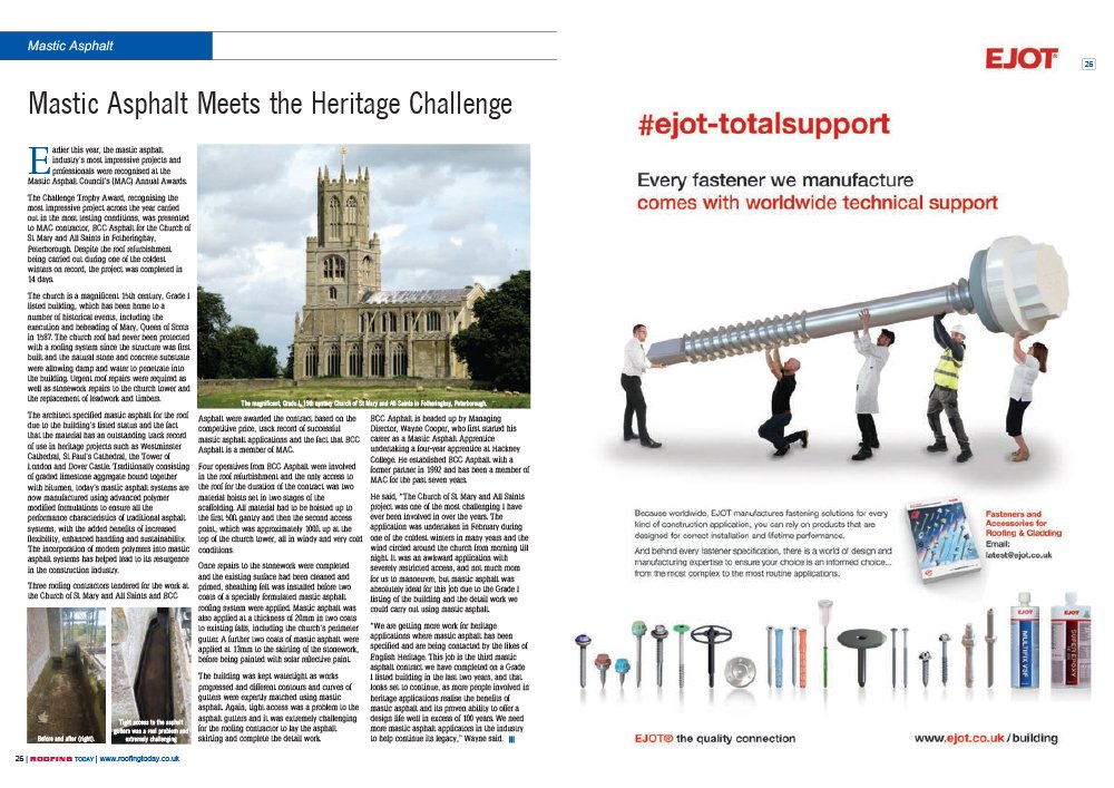 RoofingToday's tweet photo. BCC Asphalt was #awarded the #Challenge #trophy for the most impressive #project of the year carried out in the most testing #roofing conditions for the #Church of St Mary and All Saints in Fotheringhay. https://t.co/jnjqB9ha8U @MasticAsphalt #RTNovemberEd #pg26 https://t.co/Y6vIFvUhNi