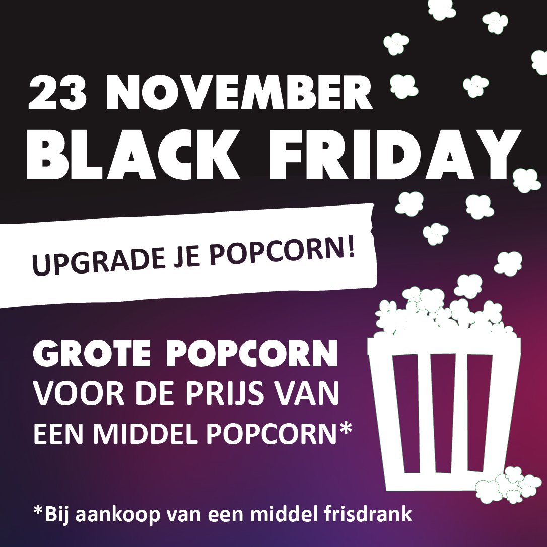 Komende vrijdag is het❗𝗕𝗹𝗮𝗰𝗸 𝗙𝗿𝗶𝗱𝗮𝘆❗🍿🥤Bij aankoop van een middel frisdrank (0,5l.) upgrade je gratis je popcorn naar een groot formaat (deze actie geldt enkel op vrijdag 23 november) #popcornerbij #blackfriday