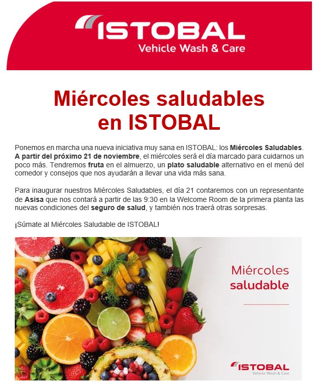 cristobalpaus's tweet photo. Personas saludables en #empresassaludables.Hoy inauguramos una nueva iniciativa @istobal_es .Los Miércoles Saludables:fruta en el almuerzo,plato saludable en el menú,consejo saludable del día,evitar el uso del ascensor y promoción del seguro de salud #buenaspracticasRH  ¡Salud! https://t.co/apdKL4jLkq