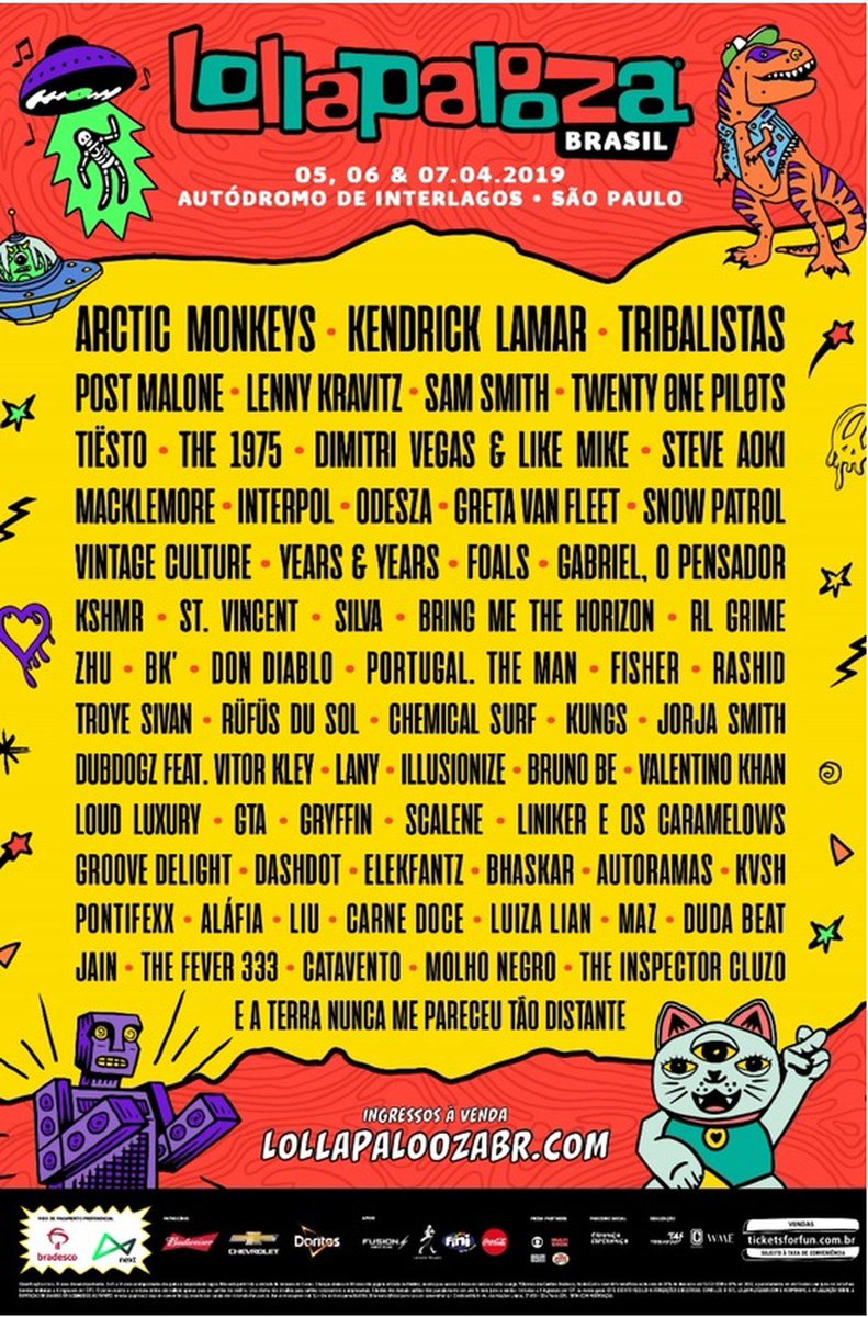 g1's tweet photo. Lollapalooza 2019: Programação tem Arctic Monkeys, Kendrick Lamar, Sam Smith e Post Malone https://t.co/IVPfgPT8X6 #LollaBR #G1 https://t.co/QVivyTygaJ
