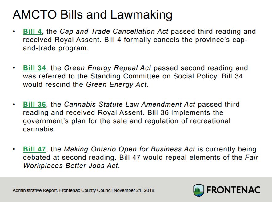 CAO report cont'd. AMCTO bills and lawmaking update re. 
#Bill4 Cap and Trade Cancellation Act
#Bill34 Green Energy Repeal Act
#Bill36 Cannabis Statute Law Amendment Act 
#Bill47 Making Ontario Open for Business Act
Full CAO report here: ow.ly/6BeM30mGNBu 
#FrontCnl