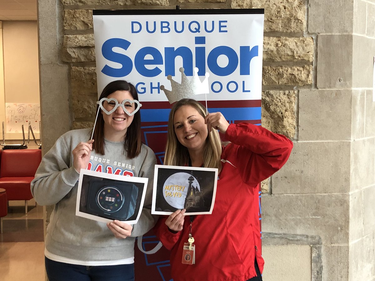 SeniorRamFam's tweet photo. Apparently other members of their team are a little camera shy...but it didn’t impact their finish of the Escape Room activity during #dbqtq2018 here in Our House. @dbqschools https://t.co/luZV3AsL4j