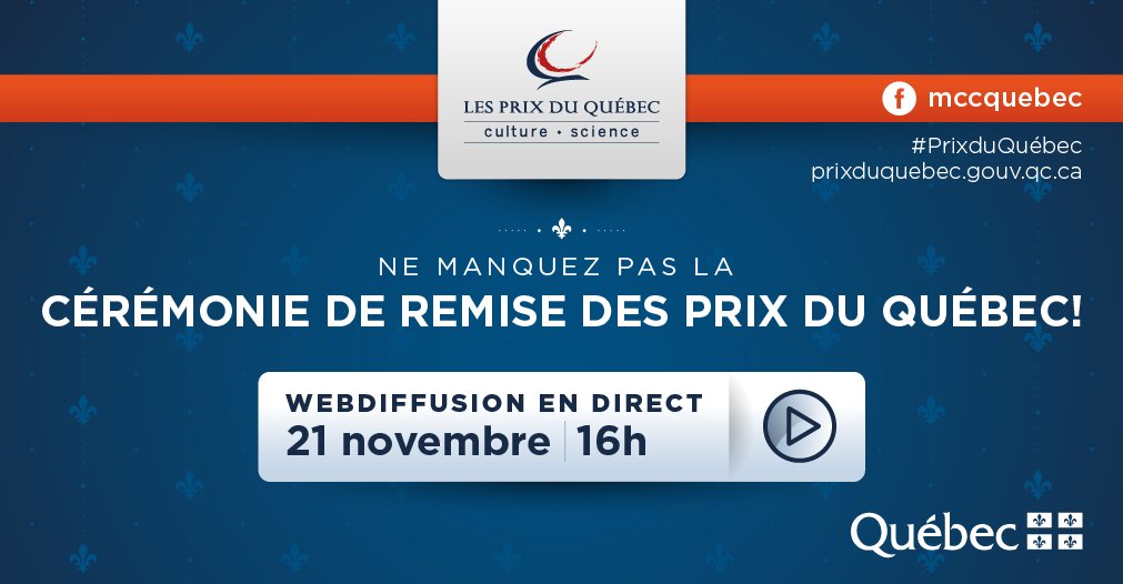 [Prix du Québec] 
Suiviez la 41e cérémonie officielle des #PrixduQuébec aujourd'hui dès 16 h en direct sur la page Facebook de @MCCQuebec www.facebook/mccquebec